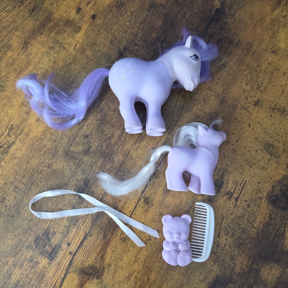Vintage Hasbro My Little Pony G1 Blossom and Baby Blossom Purple 1980s Toy Set